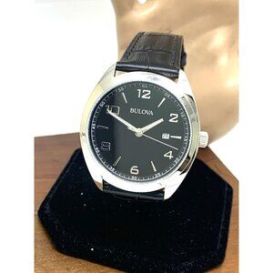 Bulova Men's Watch 96B453 Quartz Black Dial Date Silver Case Leather Strap 42mm